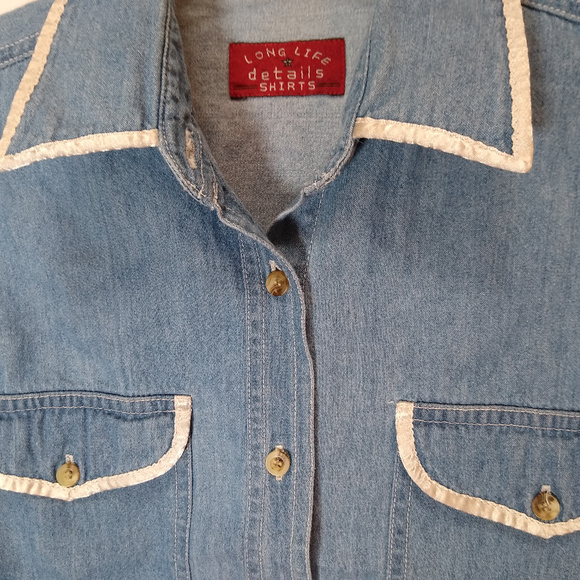 Chambray button up sleeveless shirt w/ satin trim - Picture 4 of 6